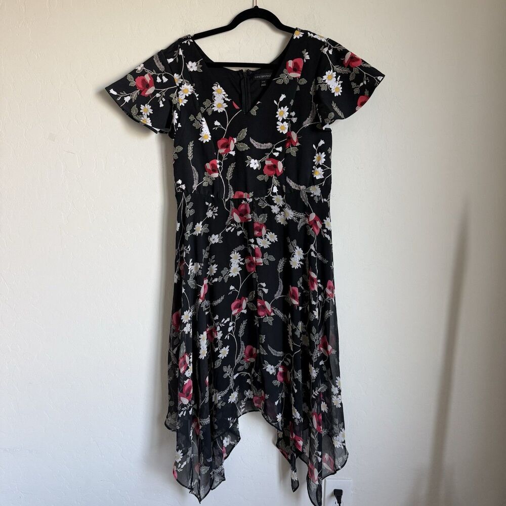 Lane Bryant Sz 14/16 Floral Ruffle Sleeve Handkerchief Midi Dress Romantic Goth